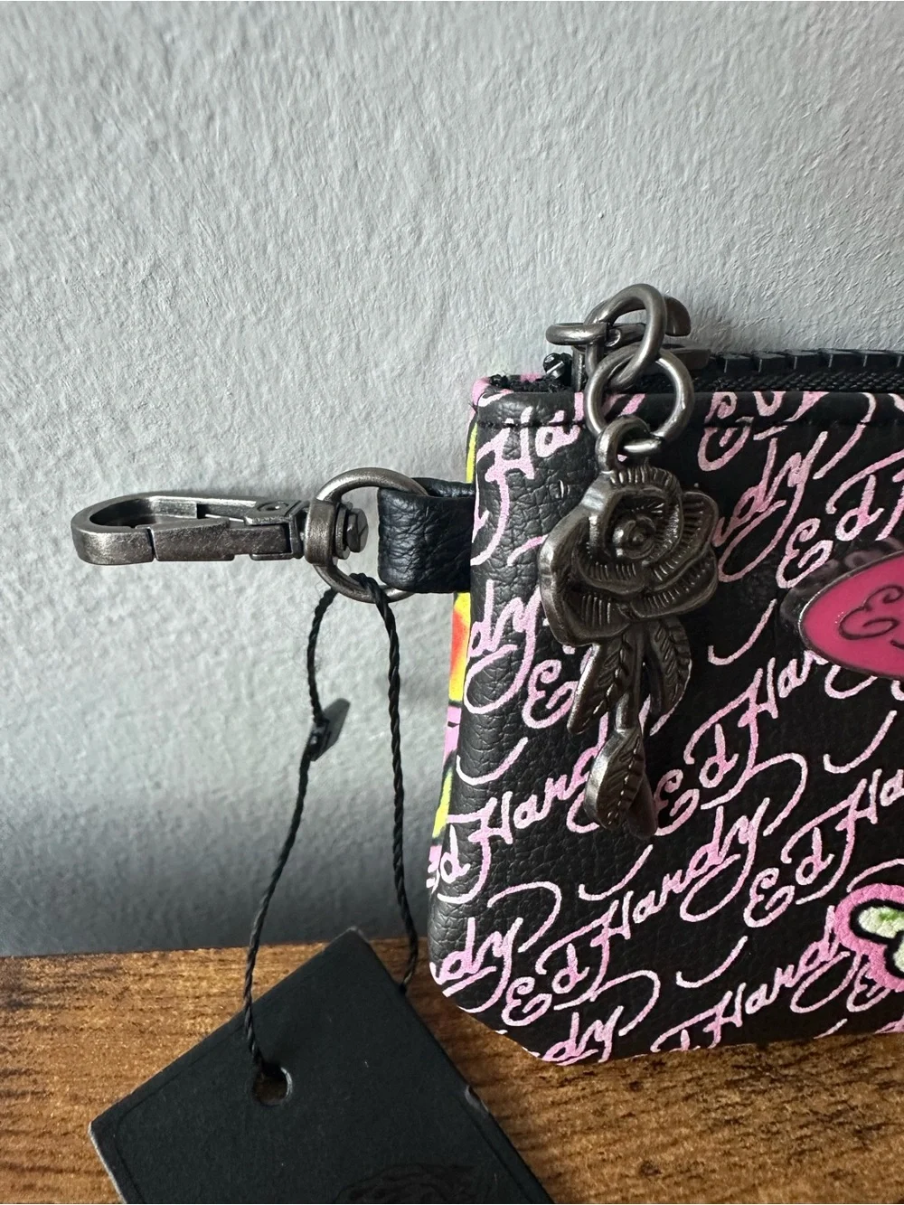 Ed Hardy Black Pink Skull Zip Pouch Wallet Bag Charm Keychain Metal Logo NWT